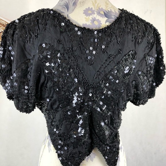 NWT vintage Kaasvi silk black butterfly sequin top - Picture 3 of 4